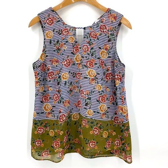 Cabi Penelope Top #5354, Floral and Striped Print Sleeveless Layered Top, Medium - Picture 14 of 17